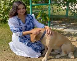 The actress is accompanied by a big dog in her home.